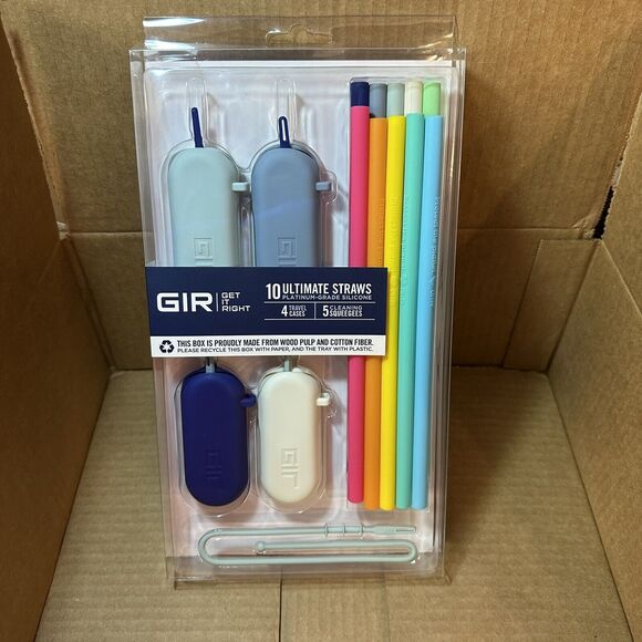 GIR: 10 Pack Ultimate Silicone Straws With 4 Travel Cases & Cleaning Squeegees. - Picture 1 of 2